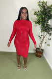 RED HOT SPARKLE LONG SLEEVE BODYCON DRESS